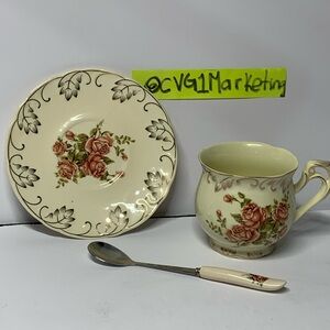 Victorian 3-Piece Tea Set: Cup, Saucer, and Spoon with Pink Roses and Gold Trim